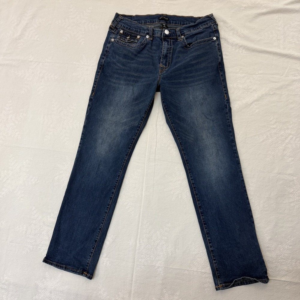 True Religion Ricky Relaxed Straight Jeans Mens 36x32 Blue Flap Stretch Denim